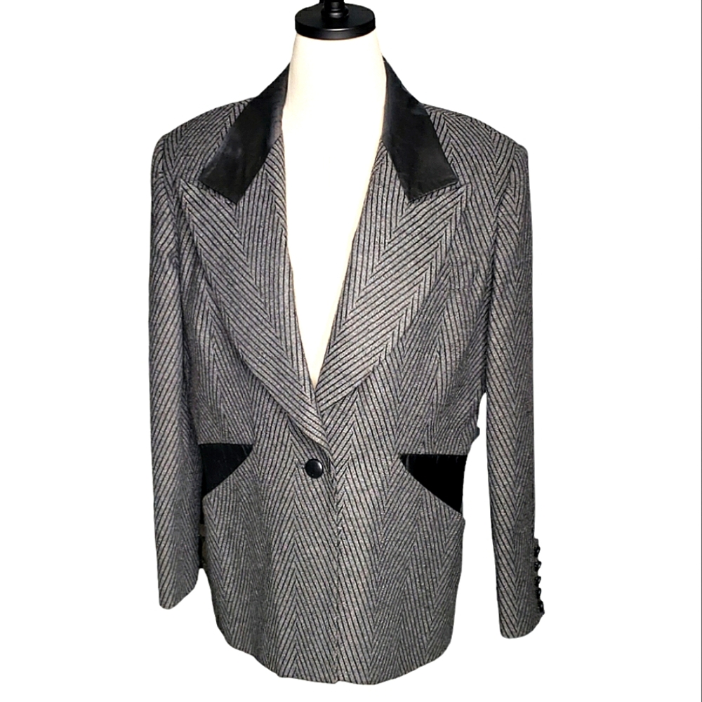 Vtg Aldofo Atelier Wool Blazer 14 Leather 80's Striped Herringbone Office Siren